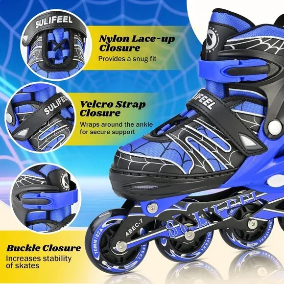 Sulifeel Kids E Spider Blue Unicorn Inline Adjustable Light Up Wheels Skates - Picture 3 of 8